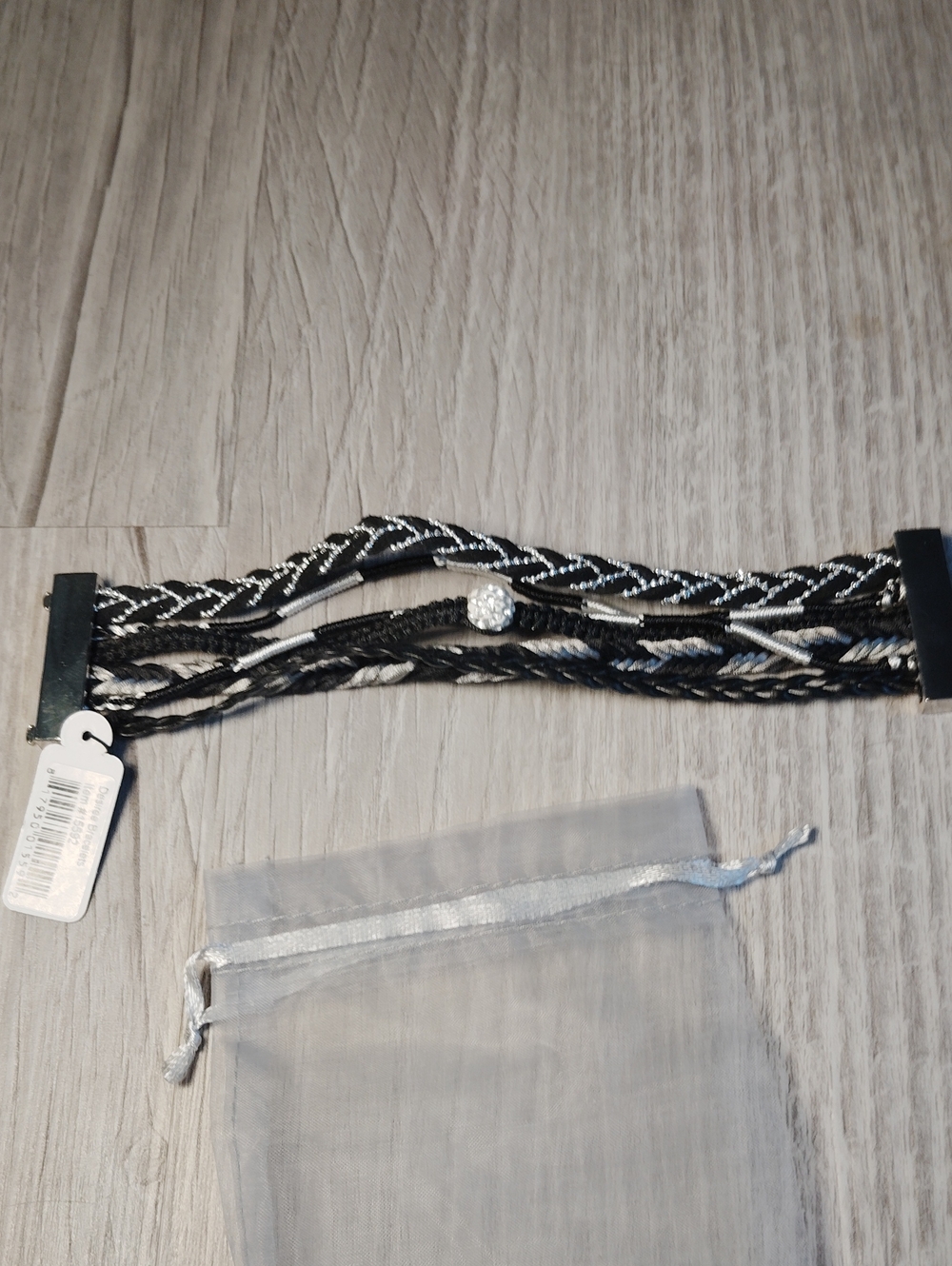 Black and Silver Braided Multi-Strand Bracelet with Crystal Accent